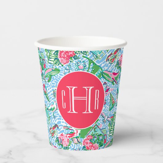 Nantucket Preppy Palm Beach Print Mit Monogramm Pappbecher (Vorderseite)