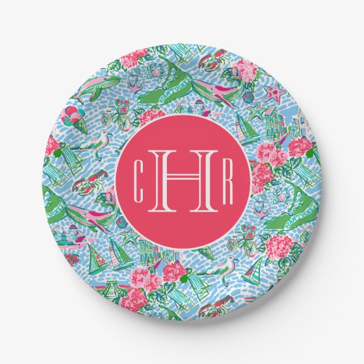 Nantucket Preppy Palm Beach Print Mit Monogramm Pappteller (Vorderseite)