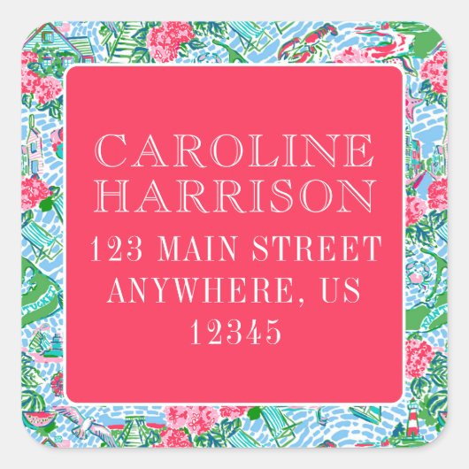 Nantucket Preppy Palm Beach Print Rücksendeadresse Quadratischer Aufkleber (Vorderseite)