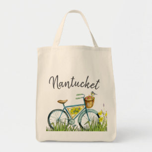 Nantucket-Vintage-Fahrrad auf dem Lavendelfeld Tragetasche