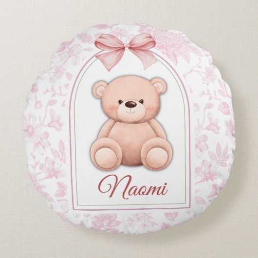 Naomi | Benutzerdefiniertes rosa Teddy-Bär-Kinderz Rundes Kissen (Vorderseite)