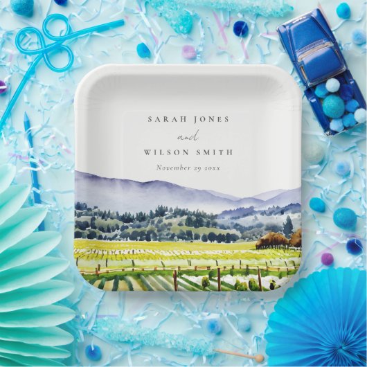 Napa Tal Wasserfarbener Weinberg Landschaft Hochze Pappteller (Party)