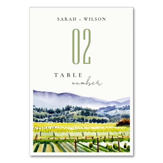 Napa Tal Wasserfarbener Weinberg Landschaft Hochze Tischnummer (Rückseite)