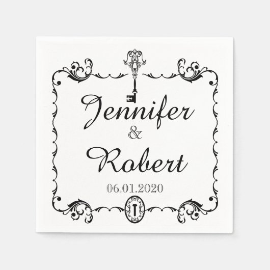 Napkin-Hochzeit mit schwarzem und weißem Schlüssel Serviette (Vorderseite)