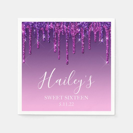 Napkin - Lila & rosa Glitzer Tropfen 16 . Geburtst Serviette (Vorderseite)