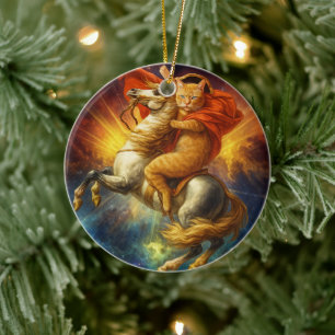 Napoleon Katze reitet Pferd durch die Galaxie      Keramik Ornament