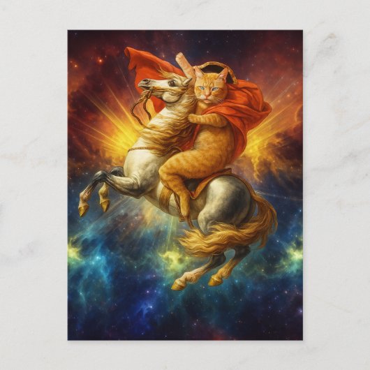 Napoleon Katze reitet Pferd durch die Galaxie Postkarte (Vorderseite)
