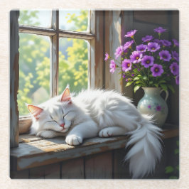 Napping White Cat and Purple Flowers  Glasuntersetzer