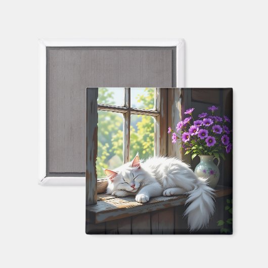 Napping White Cat and Purple Flowers  Magnet (Vorderseite/Rückseite)