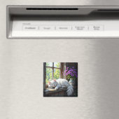 Napping White Cat and Purple Flowers  Magnet (In Situ (Geschirrspüler))