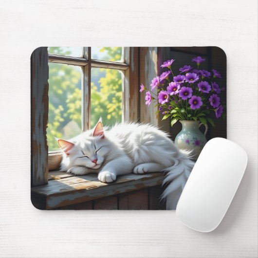 Napping White Cat and Purple Flowers  Mousepad (Mit Mouse)