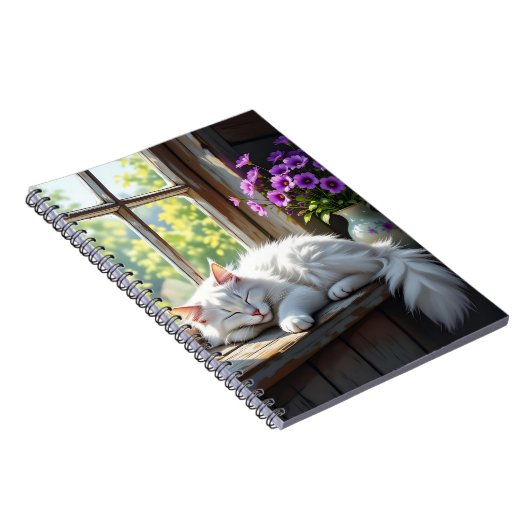 Napping White Cat and Purple Flowers  Notizblock (Rechte Seite)