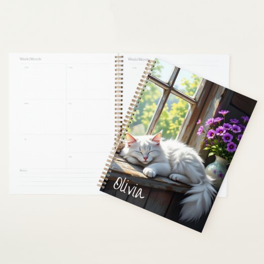 Napping White Cat and Purple Flowers Personalized Planer (Anzeige)