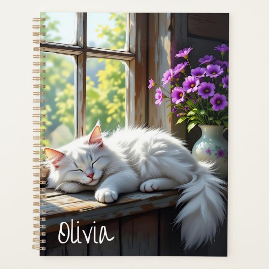 Napping White Cat and Purple Flowers Personalized Planer (Vorderseite)