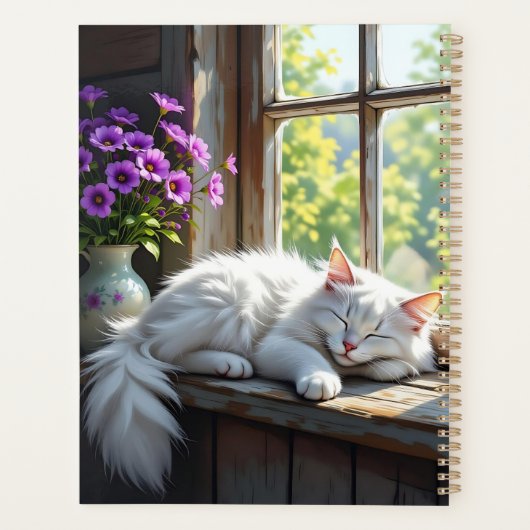 Napping White Cat and Purple Flowers Personalized Planer (Rückseite)