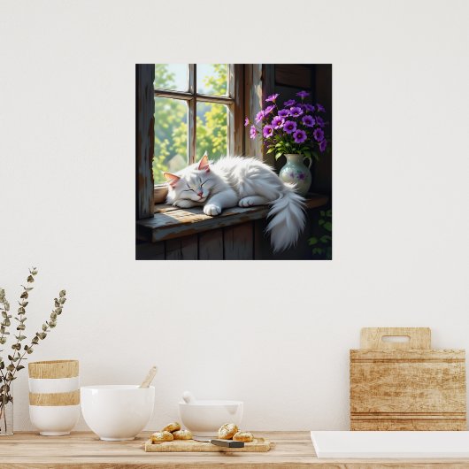 Napping White Cat and Purple Flowers  Poster (Küche)