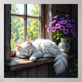 Napping White Cat and Purple Flowers  Poster