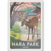 Nara Park Japan Deer Illustration Travel Art Retro Aufkleber (Vorderseite)
