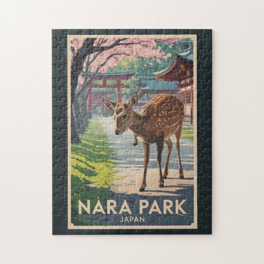 Nara Park Japan Deer Illustration Travel Art Retro Puzzle (Vertikal)
