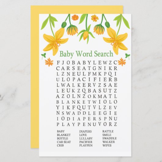 Narcissus Baby Shower Word Search Game (Vorne/Hinten)