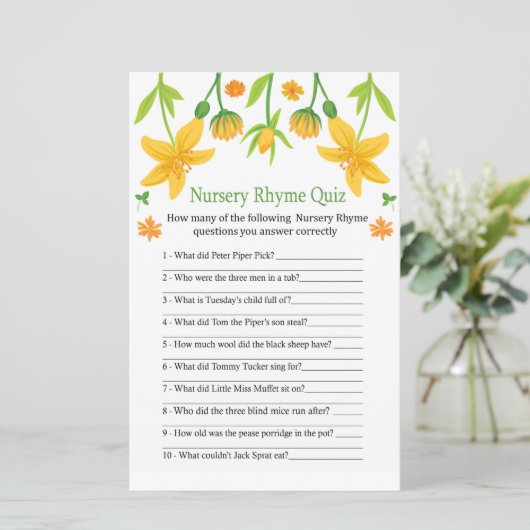 Narcissus Kinderzimmer Rhyme Quiz Babydusche (Stehend Vorderseite)