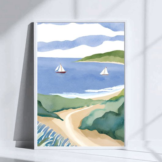 Narragansett Bay | Sailboat Coastal RI Watercolor Poster