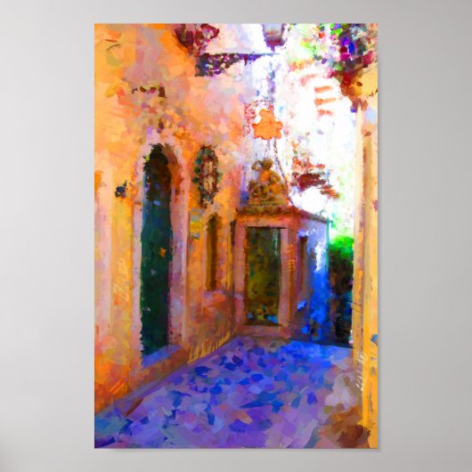 Narrow Street, Taormina - Italien Gelbe Lila Kunst Poster (Vorne)