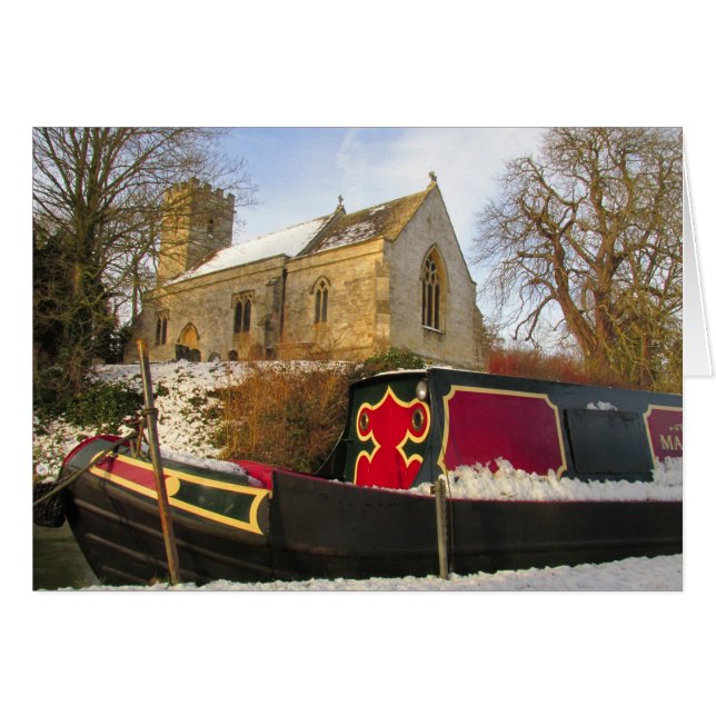 Narrowboat und Kirche im Schnee (Vorderseite (Horizontal))