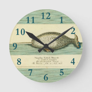 Narwhal Antique Whale Aquarellmalerei Runde Wanduhr