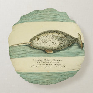 Narwhal Antique Whale Aquarellmalerei Rundes Kissen