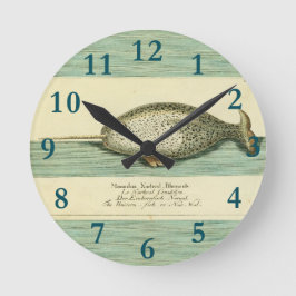 Narwhal Antique Whale Watercolor Wissenschaftliche Runde Wanduhr