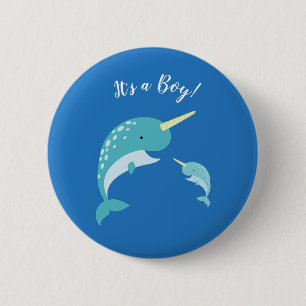 Narwhal Baby Dusche Blue Boy Whale Button