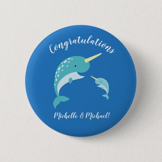 Narwhal Baby Shower Blue Boy Niedlich Button (Vorderseite)