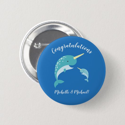 Narwhal Baby Shower Blue Boy Niedlich Button (Vorne & Hinten)