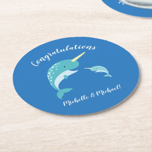 Narwhal Baby Shower Blue Boy Niedlich Runder Pappuntersetzer (Angewinkelt)