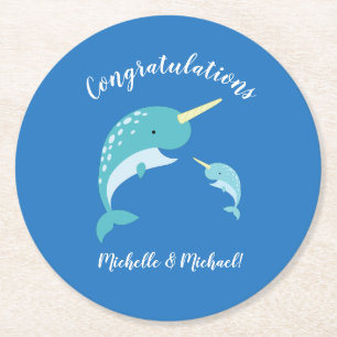 Narwhal Baby Shower Blue Boy Niedlich Runder Pappuntersetzer