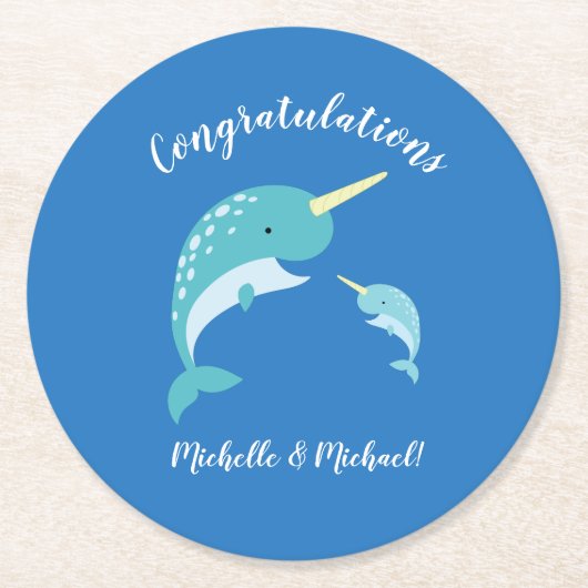 Narwhal Baby Shower Blue Boy Niedlich Runder Pappuntersetzer (Vorderseite)