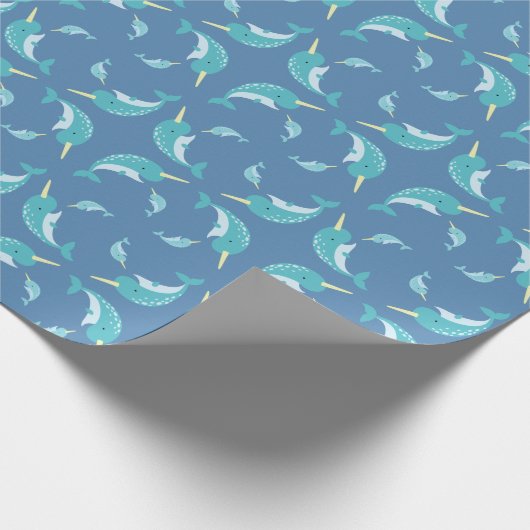 Narwhal Baby Shower Blue Boy Whale Geschenkpapier (Ecke)