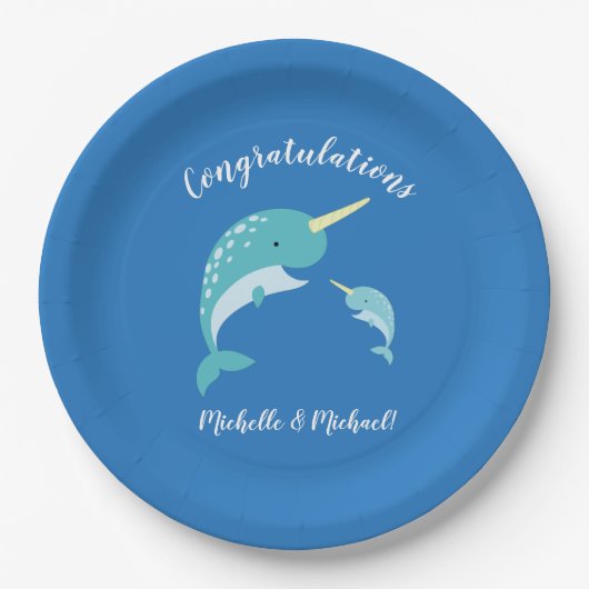 Narwhal Baby Shower Blue Boy Whale Pappteller (Vorderseite)