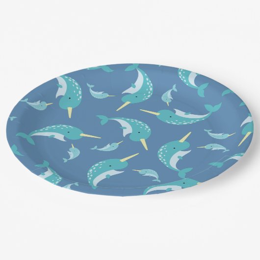 Narwhal Baby Shower Blue Boy Whale Pappteller (Schrägansicht)
