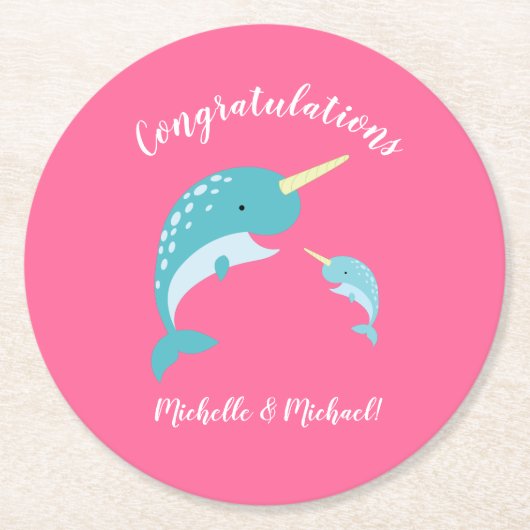 Narwhal Baby Shower Pink Girl Niedlich Runder Pappuntersetzer (Vorderseite)