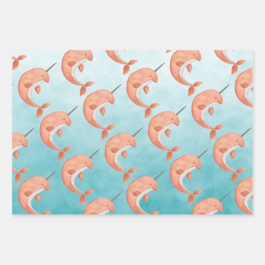 Narwhal Beluga Wale unter dem tiefblauen Ozean Geschenkpapier Set (Vorderseite)