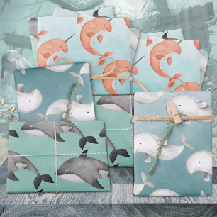 Narwhal Beluga Wale unter dem tiefblauen Ozean Geschenkpapier Set