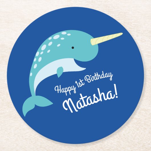 Narwhal Birthday Party Runder Pappuntersetzer (Vorderseite)
