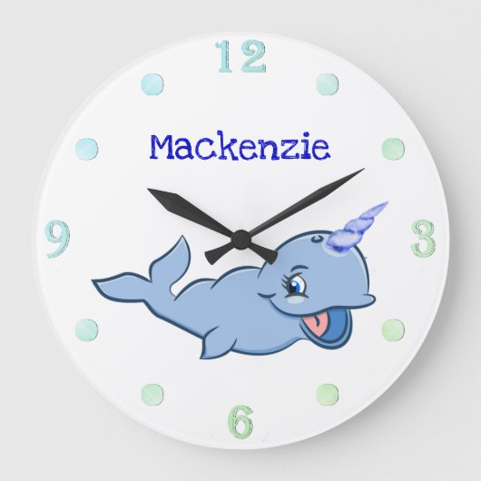 Narwhal Blue | Adorable Baby Kawaii Custom Ocean Große Wanduhr (Vorderseite)