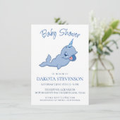 Narwhal Blue | Adorable Kawaii Baby Boy Dusche Einladung (Stehend Vorderseite)