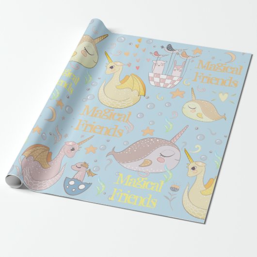 Narwhal, Drache-Pastellbaby-Blau personalisiert Geschenkpapier (Ungerollt)