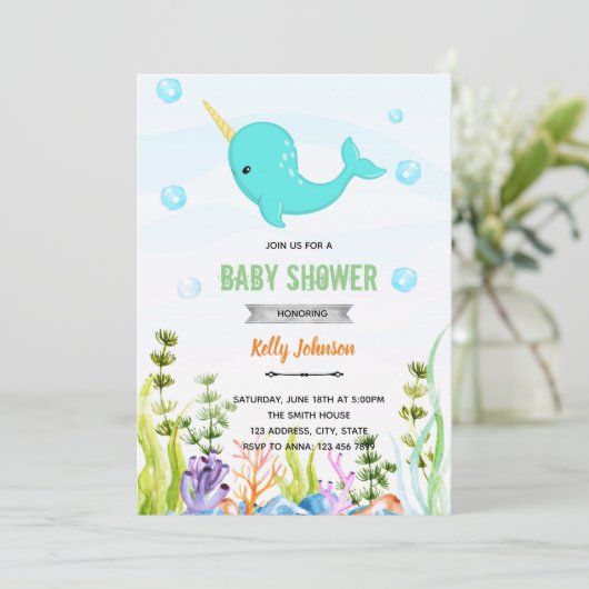 Narwhal Dusche Geburtstagseinladung Einladung (Stehend Vorderseite)