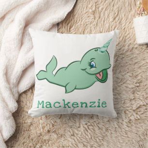 Narwhal Green Niedlicher Chibi-Cartoon mit Minze Kissen
