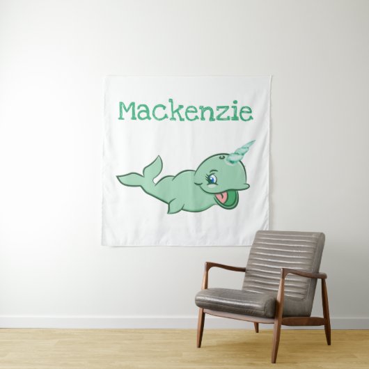 Narwhal Green | Niedlicher Chibi-Cartoon mit Minze Wandteppich (Beispiel)